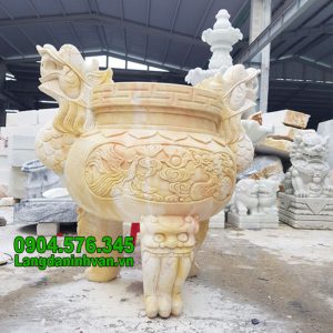 Bộ lư hương bằng đá vàng chạm khắc hoa văn Rồng Phượng